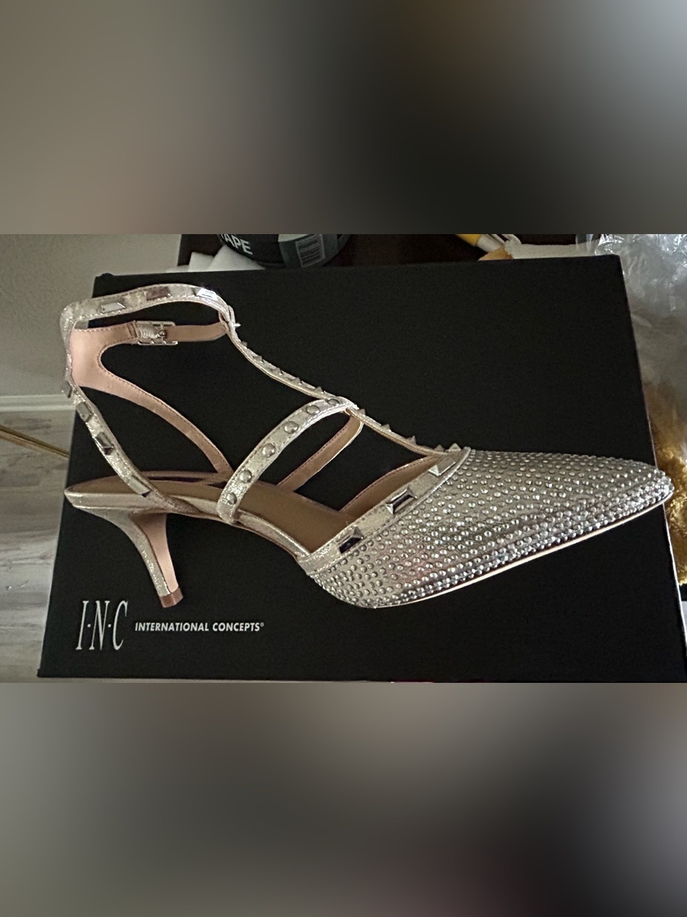 INC International Concepts Silver Crystal Studded Pointed-Toe Slingback Heels